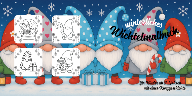 winterliches Wichtelmalbuch für Kinder ab 2 Jahren mit einer Kurzgeschichte